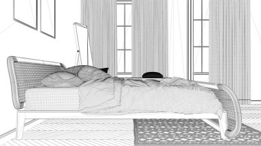 Proje taslağı, minimalist İskandinav ahşap yatak odası, rattan mobilyalı, yorgan ve yastıklı çift kişilik yatak, parke, pencere, halı ve ayna. Modern iç tasarım