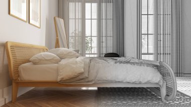 Mimari iç mimar konsepti: elle çizilmiş tamamlanmamış proje, rattan mobilyalı yatak odası, yorgan, yastık, parke, pencere, halı ve ayna