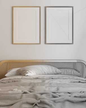 Mimari iç mimar konsepti: gerçek hale gelen el yapımı taslak taslak proje, çerçeve modeli, kapatma, rattan mobilyalı yatak odası, yorgan, battaniye ve yastıklı yatak