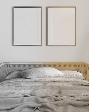 Mimari iç mimar konsepti: gerçek hale gelen el yapımı taslak taslak proje, çerçeve modeli, kapatma, rattan mobilyalı yatak odası, yorgan, battaniye ve yastıklı yatak