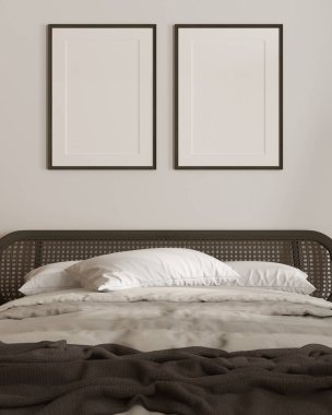 Çerçeve maketi, modern İskandinav ahşap yatak odası, koyu renkli rattan mobilyalar, yorgan, battaniye ve yastıklı çift kişilik yatak. Konforlu iç tasarım fikri