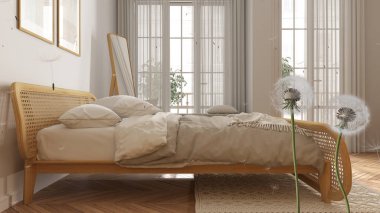 Kabarık tüylü karahindiba tohum sporlarını ahşap yatak odasının üzerine serpiyor, yatak başlığı, ayna ve dekorlarla. İç tasarım fikri. Değişim, büyüme, hareket ve özgürlük kavramı