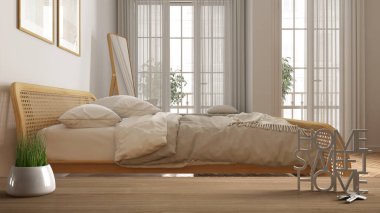 Ahşap masa, masa ya da raf, saksı bitkisi, ev anahtarları ve 3D harflerle ev, güzel ev ahşap yatak odası, rattan yatak, mimari iç tasarım, kopya alanı arka planı