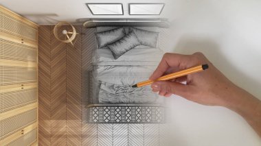 Mimari iç mimar konsepti: alan gerçek olurken el çizimi iç tasarım projesi, çift yataklı ahşap yatak odası, yastıklar, yorgan, üst manzara, plan, yukarıda