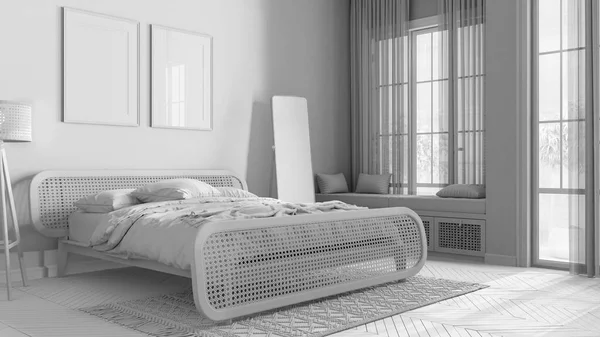 Полный Белый Проект Проекта Скандинавская Современная Деревянная Спальня Мебелью Ротанга — стоковое фото