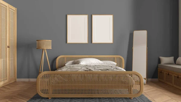 Frame Mockup Modern Wooden Bedroom Rattan Furniture Gray Tones Double — Stock Photo, Image