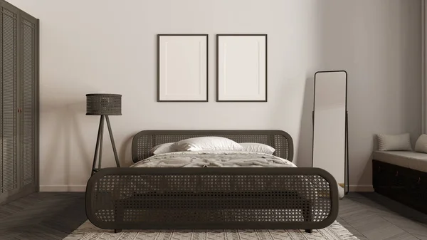 Çerçeve Maketi Modern Ahşap Yatak Odası Koyu Tonlu Rattan Mobilyalar — Stok fotoğraf