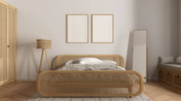 Blur Fundo Frame Mockup Moderno Quarto Madeira Com Móveis Vime — Fotografia de Stock