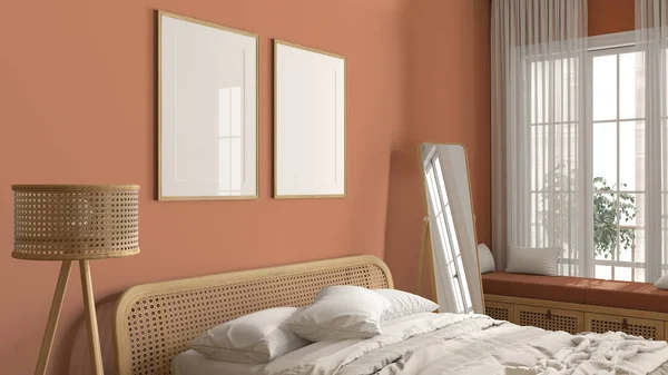 Frame Mockup Gezellige Houten Slaapkamer Close Rotan Meubels Oranje Tinten — Stockfoto