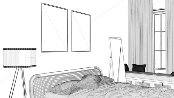 蓝图项目草图 框架模型 木制卧房关闭 藤制家具 双人床与绒毛和枕头 窗户与长椅 现代室内设计概念模板 — 图库照片