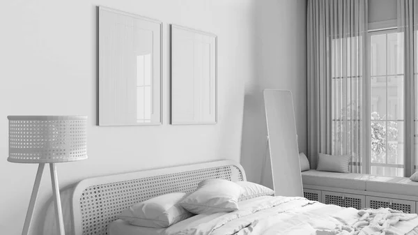 Tamamen Beyaz Proje Taslağı Çerçeve Modeli Ahşap Yatak Odası Yakın — Stok fotoğraf