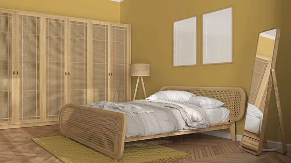 Çerçeve modelleme şablonu, İskandinav modern ahşap yatak odası, sarı tonlu rattan mobilyalar, yorgan ve yastıklı çift kişilik yatak, gardırop, halı, ayna, lamba ve dekorlar. Parke
