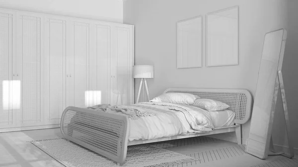 Полный Белый Проект Проекта Рамка Шаблон Скандинавские Современные Деревянные Спальни — стоковое фото