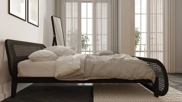 Minimalist Scandinavian Wooden Bedroom Rattan Furniture Dark Tones Double Bed — Stock Photo, Image