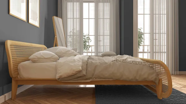 Minimalista Dormitorio Escandinavo Madera Con Muebles Ratán Tonos Grises Cama — Foto de Stock