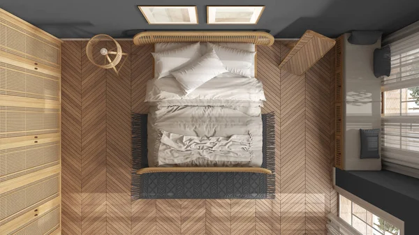 グレーのトーンで籐の家具とミニマリズムのスカンディナヴィアの木製の寝室 デュベットと枕 パケット カーペット ミラー付きのベッド トップビュー モダンなインテリアデザイン — ストック写真