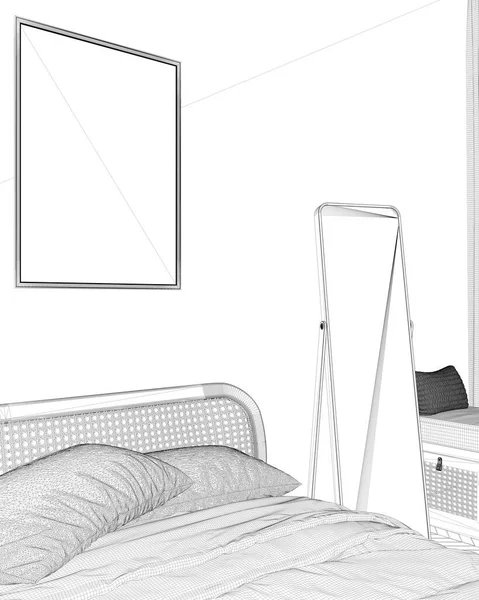 Blueprint Project Draft Frame Mockup Close Modern Scandinavian Wooden Bedroom — Stock Photo, Image