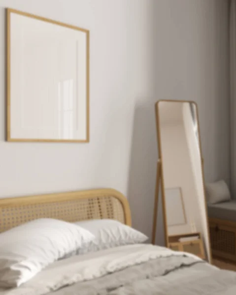 Bulanık Arka Plan Çerçeve Modeli Modern Skandinav Ahşap Yatak Odasının — Stok fotoğraf
