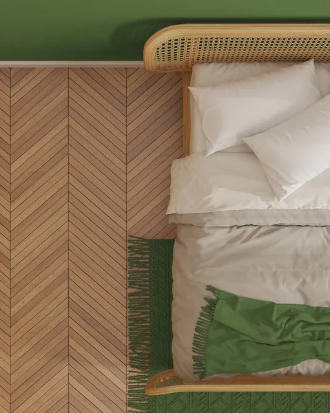 Μινιμαλιστικό Ξύλινο Υπνοδωμάτιο Πράσινες Αποχρώσεις Close Top View Plan Έπιπλα — Φωτογραφία Αρχείου
