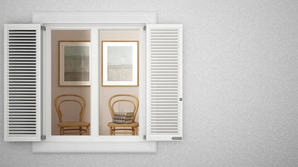 Panjurlu Beyaz Pencereli Dış Alçı Duvar Rattan Sandalyeli Oturma Odasını — Stok fotoğraf