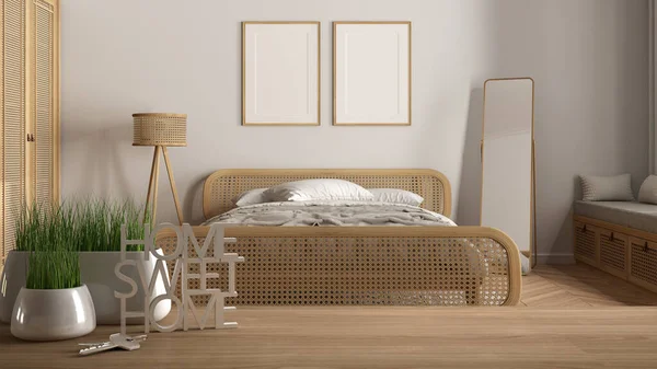 Ahşap masa, masa ya da raf, saksı bitkisi, ev anahtarları ve 3D harflerle ev, güzel ev ahşap yatak odası, rattan yatak, mimari iç tasarım, kopya alanı arka planı