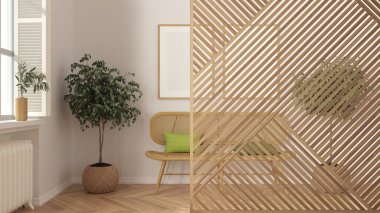 Ahşap paneli yakın plan, rattan kanepeli modern bekleme odası, saksı, yastık, parke zemin. Minimalist zen iç tasarım fikri, çağdaş mimari şablonu