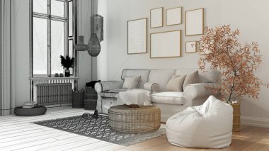 Mimari iç mimar konsepti: elle çizilmiş tamamlanmamış proje, parke ve pencereli oturma odası, kanepe, yastık, halı, rattan masa, puf ve dekor