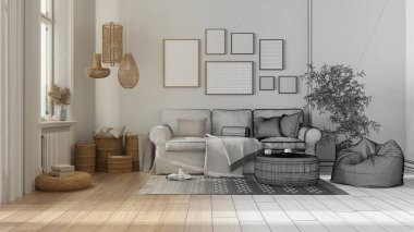 Mimari iç mimar konsepti: elle çizilmiş tamamlanmamış taslak proje gerçek, parke ve pencereli ahşap oturma odası, çerçeve modeli, yastıklı kanepe, halı