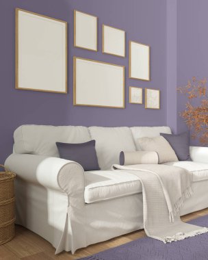 Çerçeve modeli, ahşap İskandinav oturma odası mor tonlarda kapanıyor, yastıklı beyaz kanepe ve battaniye, halı, saksı ve dekorlar. Modern minimalist iç tasarım kavramı