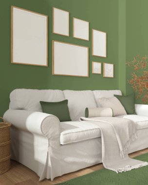Çerçeve modeli, ahşap İskandinav oturma odası yeşil tonlarda kapanıyor, yastıklı beyaz kanepe ve battaniye, halı, saksı bitkileri ve dekorlar. Modern minimalist iç tasarım kavramı
