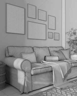 Tamamlanmamış proje taslağı, çerçeve modeli, ahşap İskandinav oturma odası, yastıklı beyaz kanepe, battaniye, halı, saksı bitkileri ve dekorlar. Minimalist iç tasarım fikri