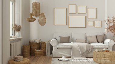 Çerçeve modeli, beyaz tonlu ahşap oturma odası parke ve pencere, yastıklı kanepe, halı, rattan masa, saksı bitkileri ve dekorlar. Modern İskandinav iç tasarımı
