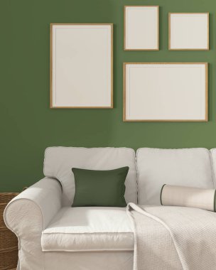 Ahşap İskandinav oturma odası yeşil tonlarda kapanıyor, kopya alanı olan çerçeve modeli yastıklı, battaniyeli ve dekorlu beyaz kumaş kanepe. Modern minimalist iç tasarım kavramı