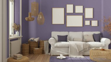 Çerçeve modeli, mor tonlarda ahşap oturma odası parke ve pencere, yastıklı kanepe, halı, rattan masa, saksı bitkileri ve dekorlar. Modern İskandinav iç tasarımı