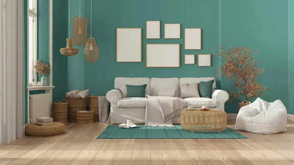 Scandinavian Wooden Living Room Turquoise Tones Parquet Window Frame Mockup — Stock Photo, Image