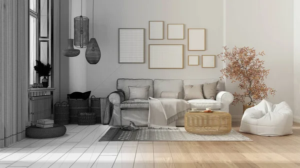 建筑师室内设计理念 手绘草稿 未完成的工程成为现实 木制客厅 有花束和窗户 框架模型 沙发与枕头 — 图库照片