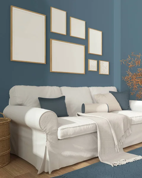 Frame Mockup Wooden Scandinavian Living Room Close Blue Tones White — Stock Photo, Image