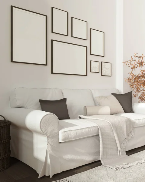 フレームモックアップ 木製のスカンディナヴィアのリビングルームは暗い色調で閉じ 枕と毛布 カーペット 鉢植えや装飾が施された白いソファ モダンなミニマリストインテリアデザインコンセプト — ストック写真