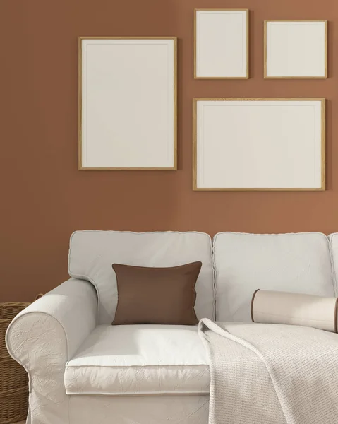 Wooden Scandinavian Living Room Close Orange Tones Frame Mockup Copy — Stock Photo, Image