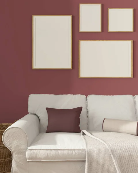 Wooden Scandinavian Living Room Close Red Tones Frame Mockup Copy — Stock Photo, Image