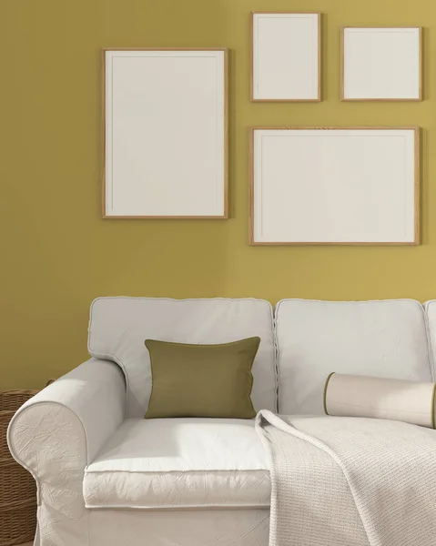 Wooden Scandinavian Living Room Close Yellow Tones Frame Mockup Copy — Stock Photo, Image