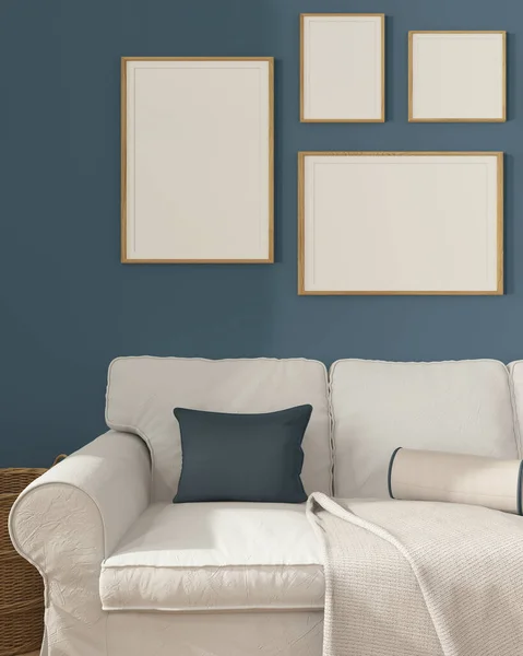 Wooden Scandinavian Living Room Close Blue Tones Frame Mockup Copy — Stock Photo, Image
