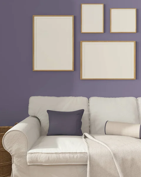 Wooden Scandinavian Living Room Close Purple Tones Frame Mockup Copy — Stock Photo, Image