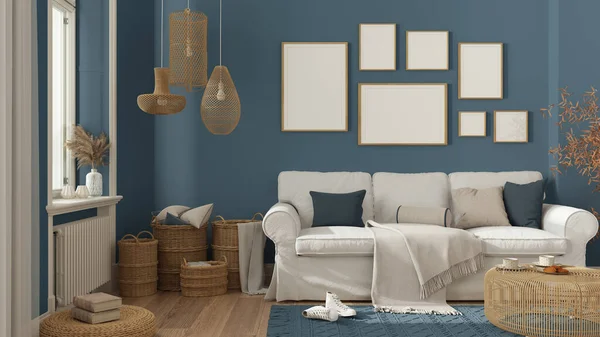 Frame Mockup Wooden Nordic Living Room Blue Tones Parquet Window — Stock Photo, Image
