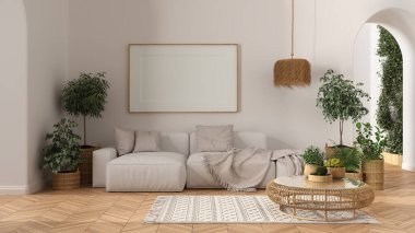 Çerçeve maketi, ahşap oturma odası beyaz tonlarda parke ve kemerli duvarlar, kanepe, halı, lamba, rattan masa, saksı bitkileri ve dekorlar. Modern İskandinav iç tasarımı