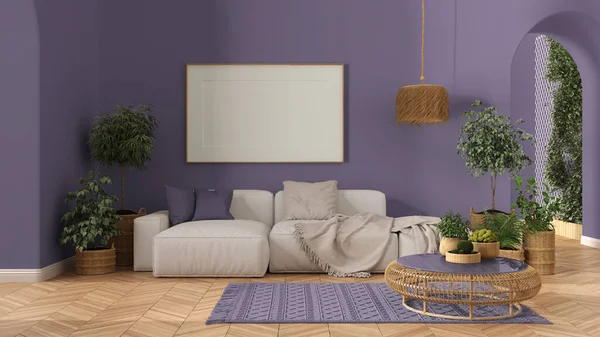 Frame mockup, wooden nordic living room in purple tones with parquet and arched walls, sofa, carpet, lamp, rattan table, potted plants and decors. Modern scandinavian interior design