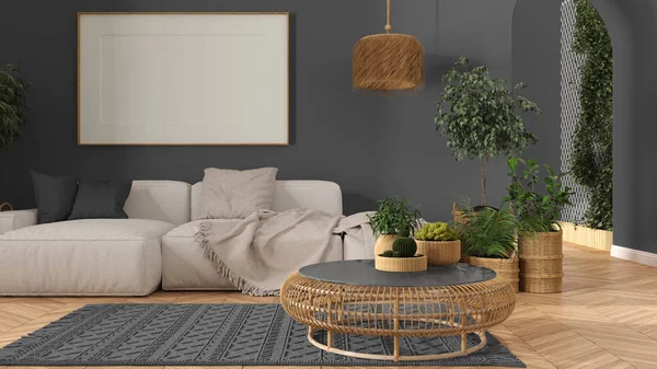 Scandinavian Wooden Living Room Gray Tones Parquet Carpet Frame Mockup — 스톡 사진