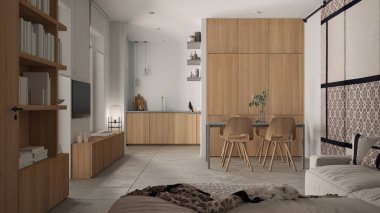 Modern minimalist oturma odası ve mutfak beyaz tonlarda, beton fayanslar, kanepe, yemek masası, sandalyeler, ahşap kitaplık ve dolaplar, kumaş sürgülü kapı, mimari iç tasarım