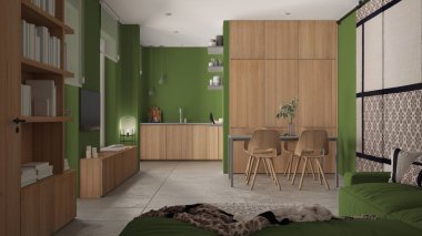 Modern minimalist oturma odası ve mutfak yeşil tonlarda, beton fayanslar, kanepe, yemek masası, sandalyeler, ahşap kitaplık ve dolaplar, kumaş sürgülü kapı, mimari iç tasarım