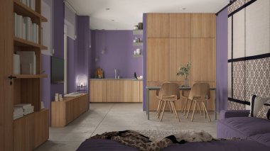 Modern minimalist oturma odası ve mutfak mor tonlarda, beton fayanslar, kanepe, yemek masası, sandalyeler, ahşap kitaplık ve dolaplar, kumaş sürgülü kapı, mimari iç tasarım